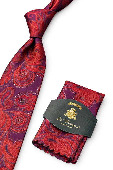 Kırmızı Şal Desen Mendilli Klasik Kravat KK13210