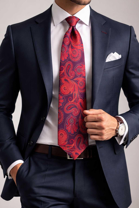 Kırmızı Şal Desen Mendilli Klasik Kravat KK13210