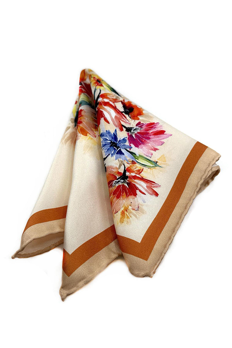 Krem - Çok Renkli Çiçek Desen Erkek Cep Mendili SPS609-89