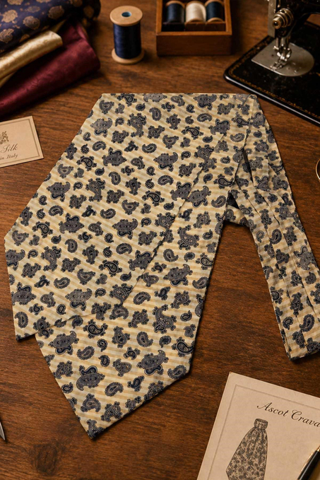 Krem Şal Desen İtalyan İpek Ascot Kravat SAC122