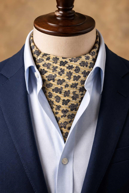 Krem Şal Desen İtalyan İpek Ascot Kravat SAC122