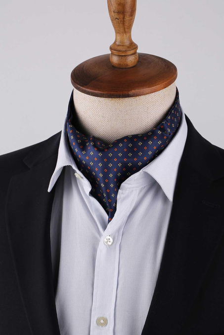 Küçük Desen Lacivert İtalyan İpek Ascot Kravat SAC53