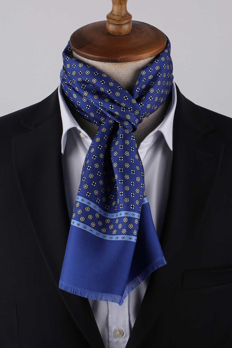 Küçük Desen Mavi İtalyan İpek Ascot Kravat SAC09