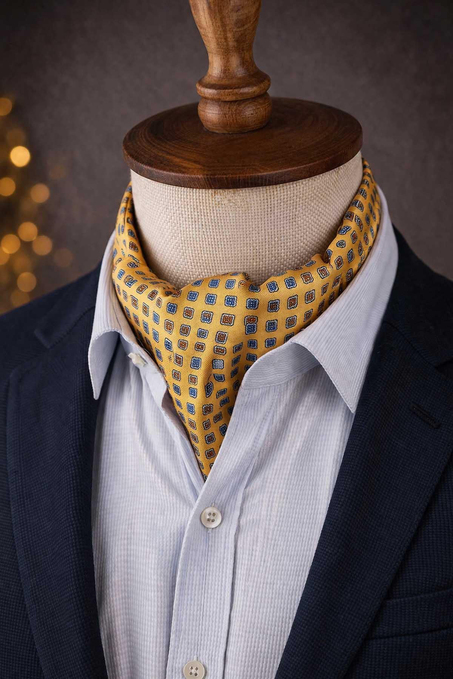 Küçük Desen Sarı İtalyan İpek Ascot Kravat SAC43