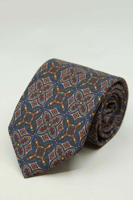 Lacivert - Bej Motif Desen İtalyan İpek Kravat İK2479