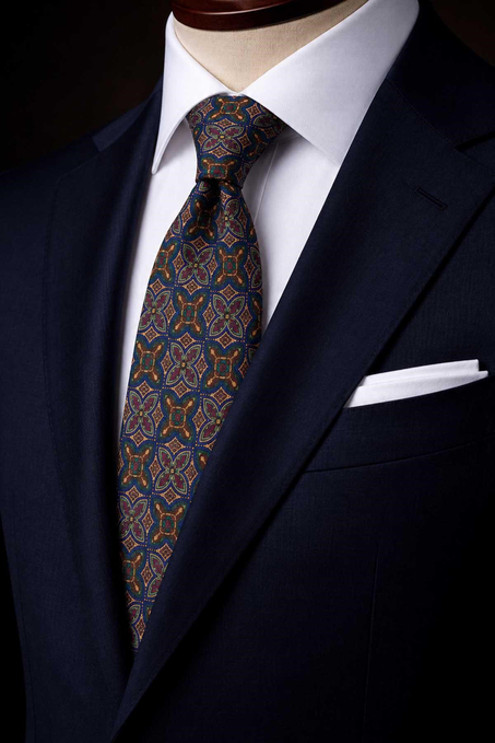 Lacivert - Bej Motif Desen İtalyan İpek Kravat İK2479