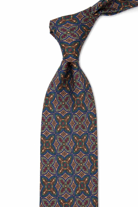 Lacivert - Bej Motif Desen İtalyan İpek Kravat İK2479