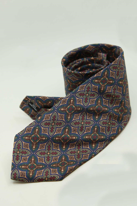 Lacivert - Bej Motif Desen İtalyan İpek Kravat İK2479