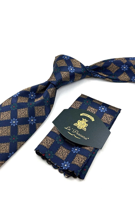 Lacivert Bej Motif Desen Mendilli Klasik Kravat KK13945