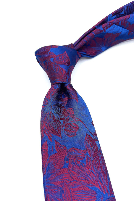 Lacivert - Bordo Çiçek Desen İnce Kravat SK7609