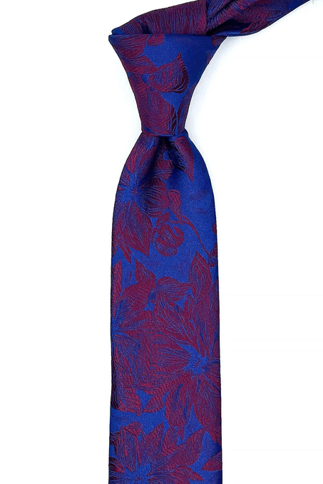Lacivert - Bordo Çiçek Desen İnce Kravat SK7609