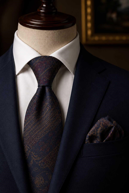 Lacivert Bordo Gold Motif Desen Mendilli Klasik Kravat KK13966