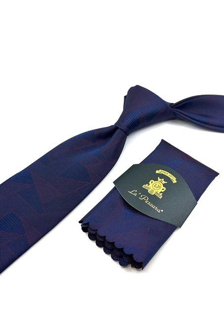 Lacivert - Bordo Motif Desen Mendilli Klasik Kravat KK12293