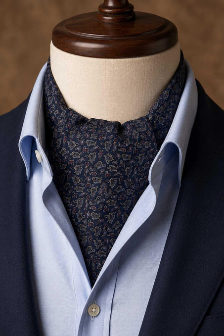 Lacivert Bordo Şal Desen İtalyan İpek Ascot Kravat SAC72