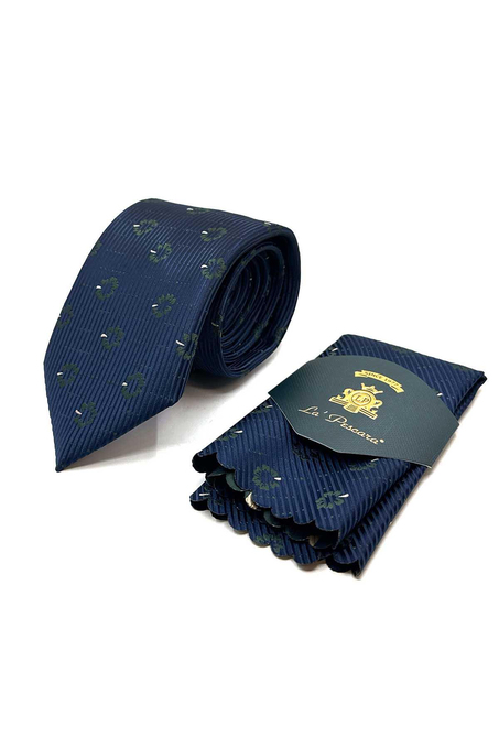 Lacivert Çiçek Desen Mendilli Klasik Kravat KK13024