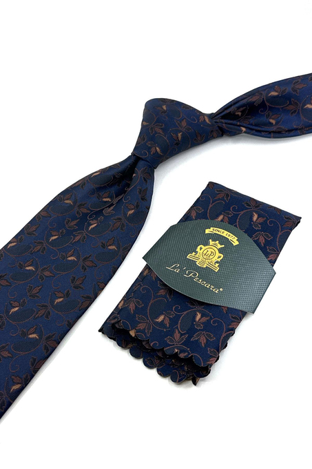 Lacivert Çiçek Desen Mendilli Klasik Kravat KK12037
