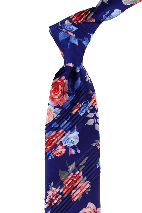 Lacivert Çiçek Desen Piliseli İpek Kravat EST146