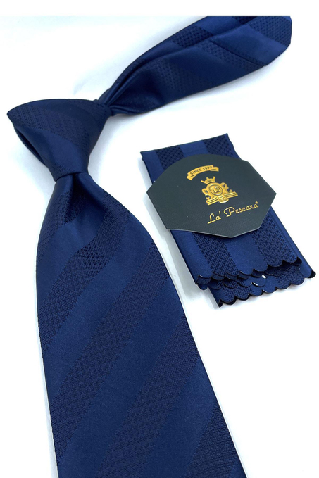 Lacivert Çizgi Desen Mendilli Klasik Kravat KK10989