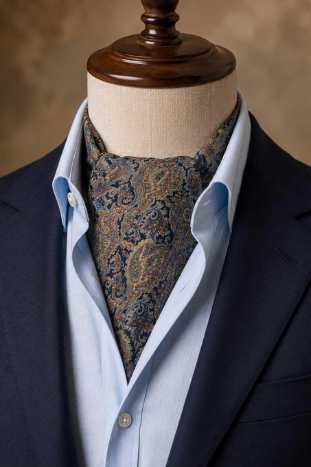 Lacivert Çok Renkli Şal Desen İtalyan İpek Ascot Kravat SAC111