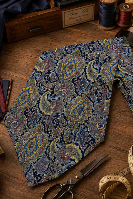Lacivert Çok Renkli Şal Desen İtalyan İpek Ascot Kravat SAC111