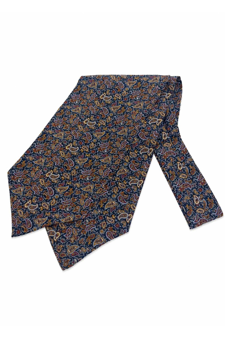 Lacivert Çok Renkli Şal Desen İtalyan İpek Ascot Kravat SAC131