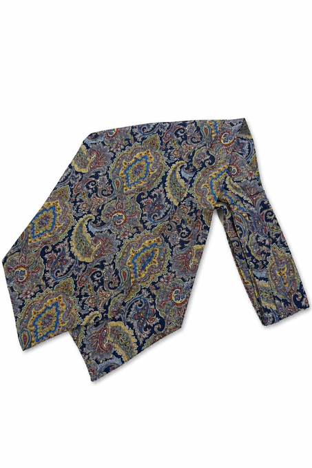 Lacivert Çok Renkli Şal Desen İtalyan İpek Ascot Kravat SAC111