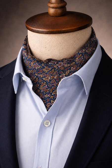 Lacivert Çok Renkli Şal Desen İtalyan İpek Ascot Kravat SAC131