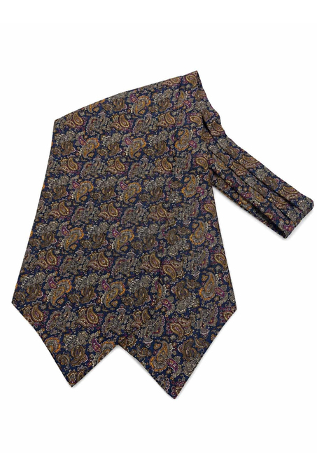 Lacivert Çok Renkli Şal Desen İtalyan İpek Ascot Kravat SAC92
