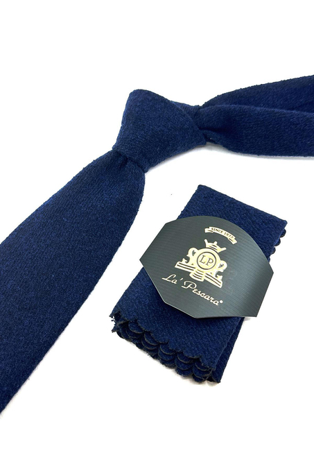 Lacivert Düz Desen Mendilli Klasik Yün Kravat KK12107