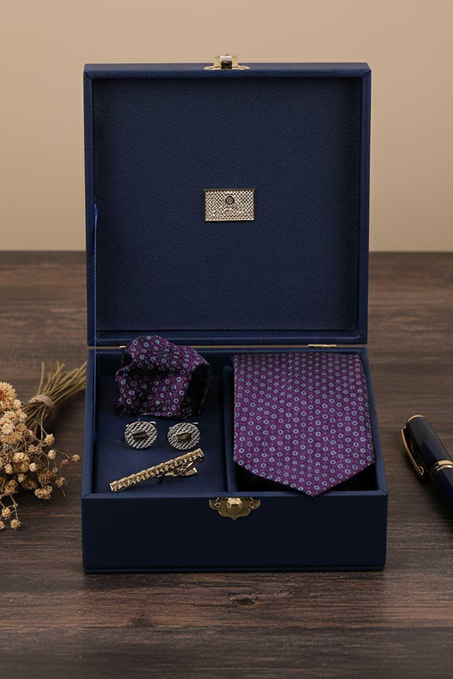 Lacivert Erkek Hediye Kutusu - Mendilli Kravat Kol Düğmesi Kravat İğnesi KMK66