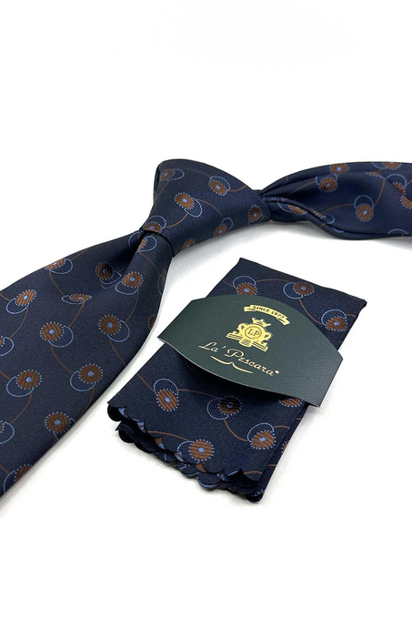 Lacivert Kahve Motif Desen Mendilli Klasik Kravat KK13977