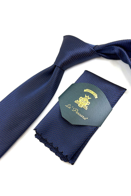 Lacivert - Kahve Nokta Desen Mendilli Klasik Kravat KK11146