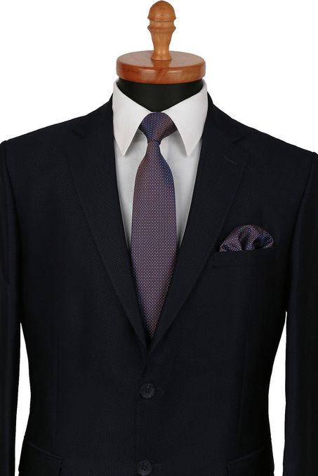 Lacivert - Kahve Nokta Desen Mendilli Klasik Kravat KK9380