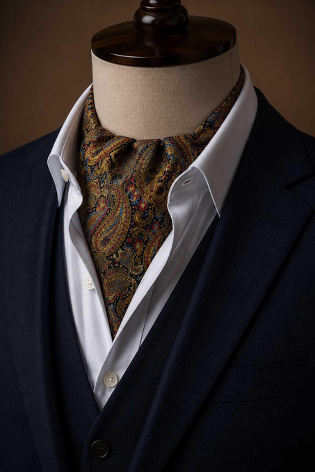 Lacivert Kahve Şal Desen İtalyan İpek Ascot Kravat SAC84