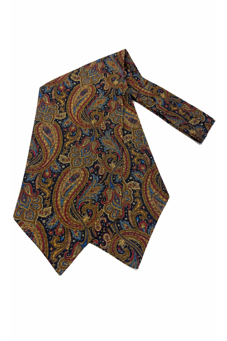 Lacivert Kahve Şal Desen İtalyan İpek Ascot Kravat SAC84