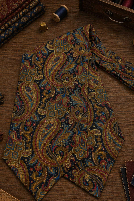 Lacivert Kahve Şal Desen İtalyan İpek Ascot Kravat SAC84