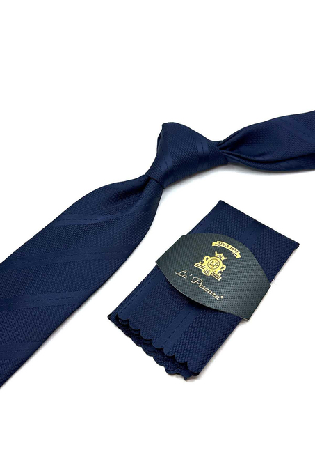 Lacivert Kendinden Desen Mendilli Klasik Kravat KK13074