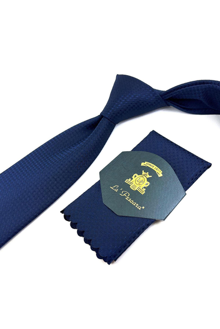 Lacivert Kendinden Desen Mendilli Klasik Kravat KK11174