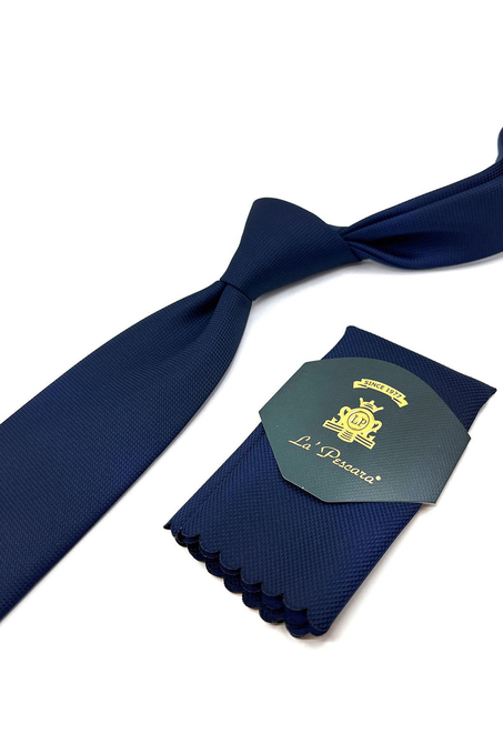 Lacivert Kendinden Desen Mendilli Klasik Kravat KK11042