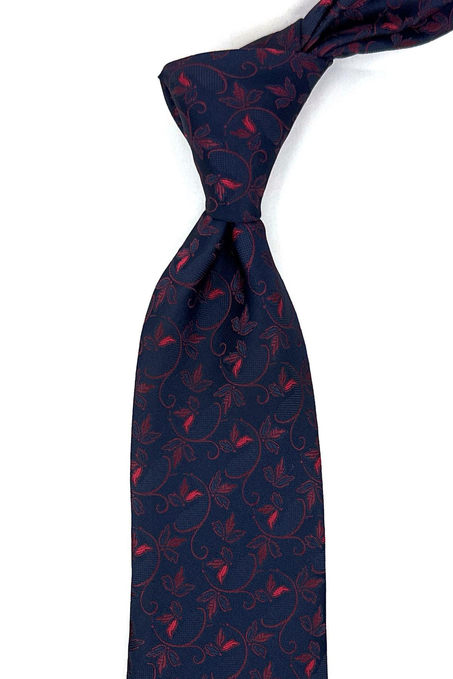Lacivert - Kırmızı Çiçek Desen Mendilli Klasik Kravat KK12035