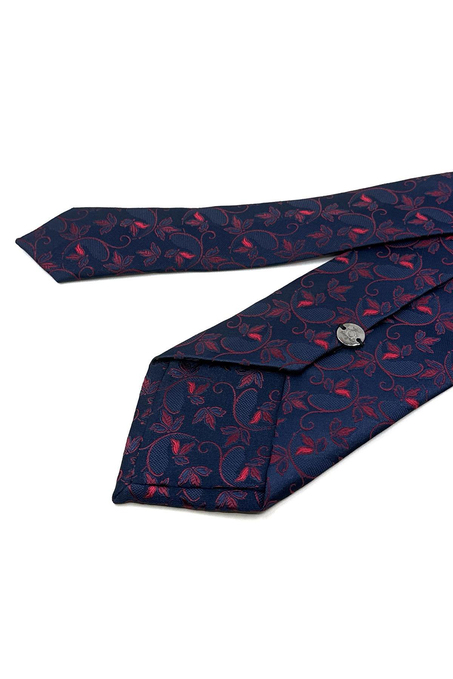 Lacivert - Kırmızı Çiçek Desen Mendilli Klasik Kravat KK12035
