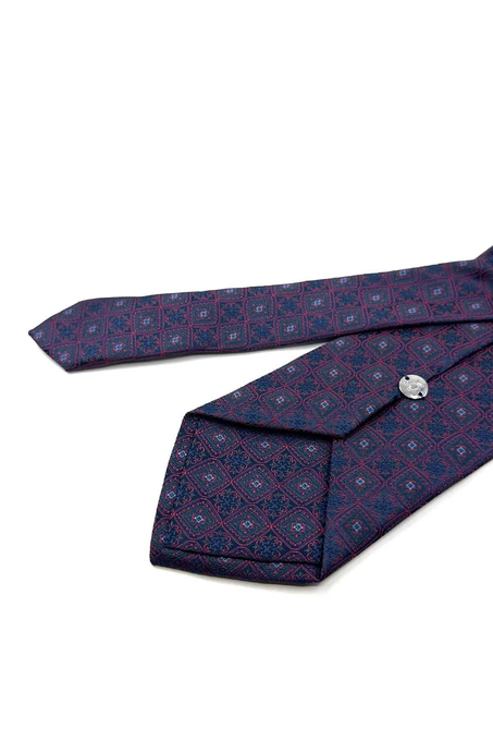Lacivert Kırmızı Motif Desen Mendilli Klasik Kravat KK13899
