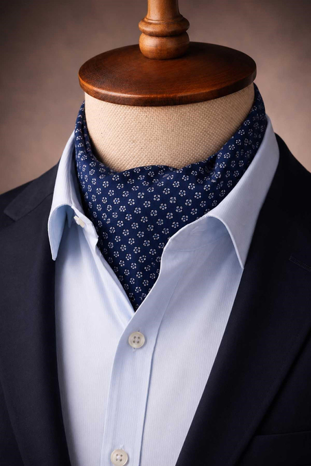 Lacivert Küçük Desen İtalyan İpek Ascot Kravat SAC133