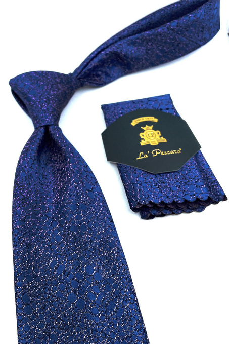 Lacivert Kum Desen Mendilli Klasik Kravat KK10928