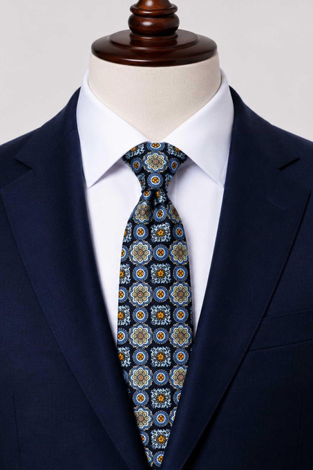 Lacivert Mavi Motif Desen İtalyan İpek Kravat İK2560
