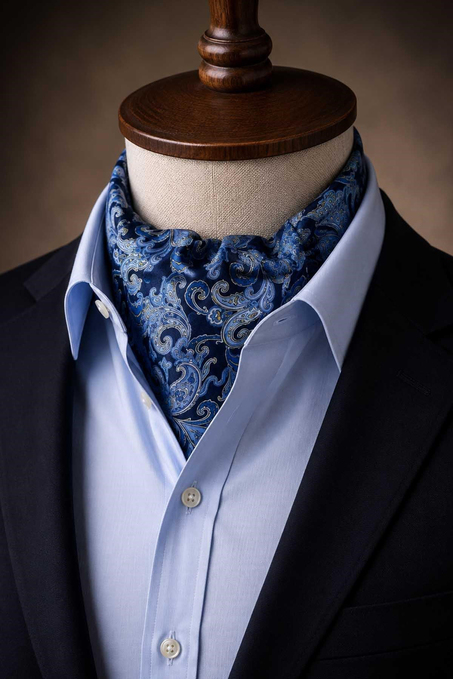 Lacivert Mavi Şal Desen İtalyan İpek Ascot Kravat SAC105