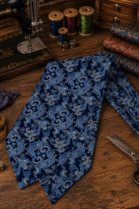 Lacivert Mavi Şal Desen İtalyan İpek Ascot Kravat SAC105