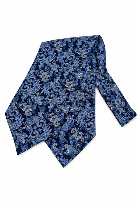 Lacivert Mavi Şal Desen İtalyan İpek Ascot Kravat SAC105