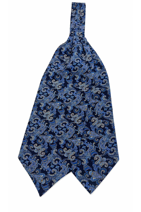 Lacivert Mavi Şal Desen İtalyan İpek Ascot Kravat SAC105