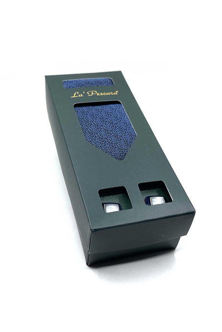 Lacivert Mendilli Kravat Kemik Kol Düğmesi Hediye Seti OS572